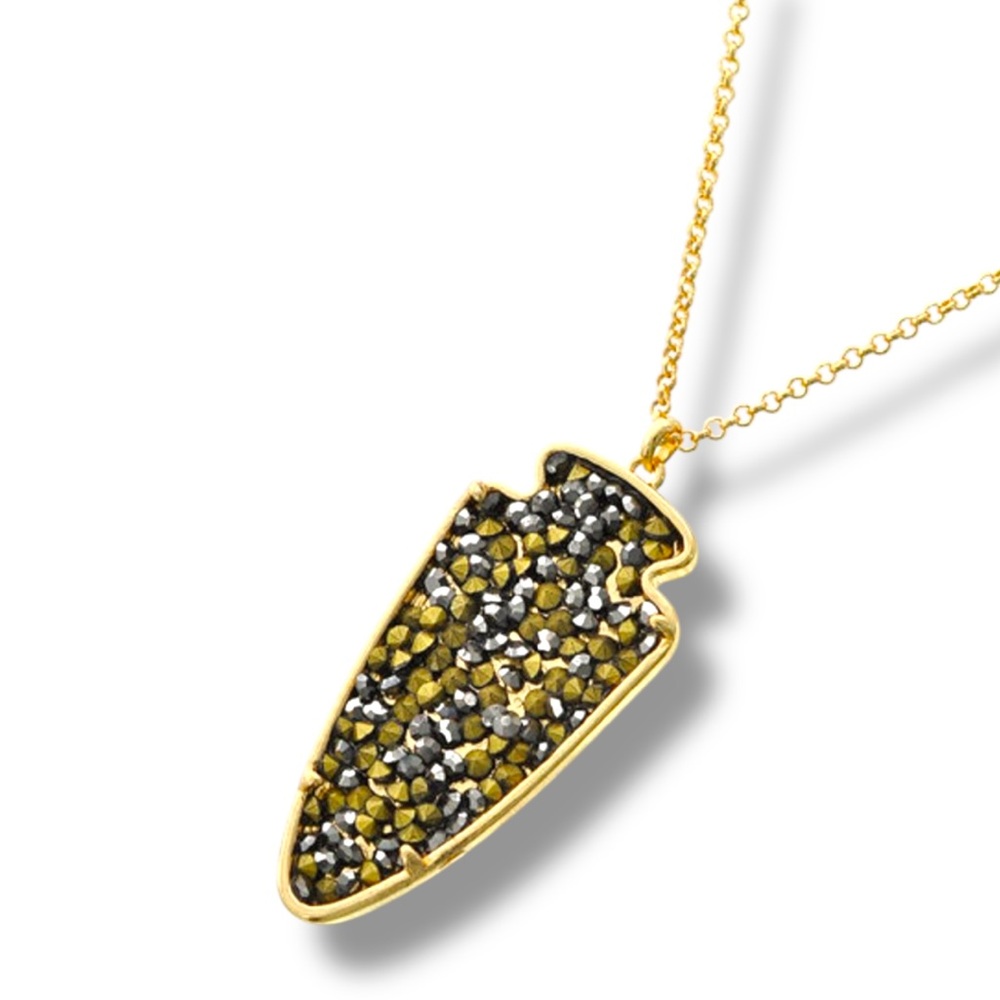 Crystal Mix Rhinestone Filled Arrowhead Necklace Gold-Tone Graphite Gunmetal EUC